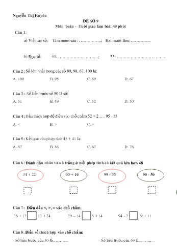 Đề kiểm tra học kì II môn Toán Lớp 1 (Kết nối tri thức và cuộc sống) - Năm học 2022-2023 - Nguyễn Thị Huyên - Đề số 9