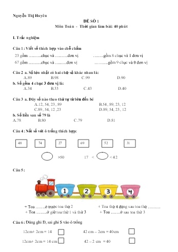 Đề kiểm tra học kì II môn Toán Lớp 1 (Kết nối tri thức và cuộc sống) - Năm học 2022-2023 - Nguyễn Thị Huyên - Đề số 1