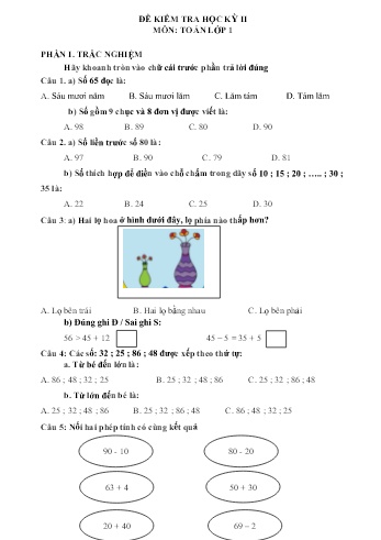 Đề kiểm tra học kỳ II môn Toán Lớp 1 - Năm học 2022-2023