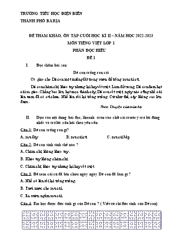 Đề tham khảo, ôn tập cuối học kì II môn Tiếng Việt Lớp 1 - Năm học 2022-2023 - Trường Tiểu học Điện Biên (Có đáp án)
