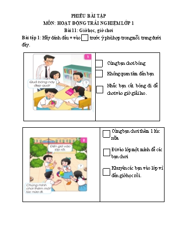 Phiếu bài tập Hoạt động trải nghiệm Lớp 1 (Cánh diều) - Chủ đề 3 Thầy cô của em - Tuần 11, Bài 11 Giờ học, giờ chơi