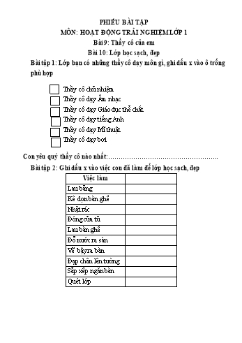 Phiếu bài tập Hoạt động trải nghiệm Lớp 1 (Cánh diều) - Chủ đề 3: Thầy cô của em - Tuần 9+10, Bài 9+10: Thầy cô của em; Lớp học sạch, đẹp
