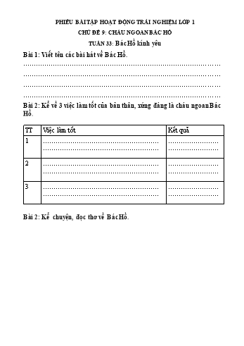 Phiếu bài tập Hoạt động trải nghiệm Lớp 1 (Cánh diều) - Chủ đề 9: Cháu ngoan Bác Hồ - Tuần 33, Bài 33: Bác Hồ kính yêu