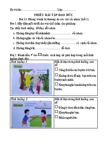 Phiếu bài tập môn Đạo đức Lớp 1 (Cánh diều) - Bài 13: Phòng tránh bị thương do các vật sắc nhọn (Tiết 2) - Năm học 2023-2024 - Trường Tiểu học Đoàn Kết