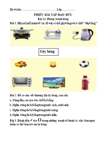 Phiếu bài tập môn Đạo đức Lớp 1 (Cánh diều) - Bài 14 Phòng tránh bỏng - Năm học 2023-2024 - Trường Tiểu học Đoàn Kết