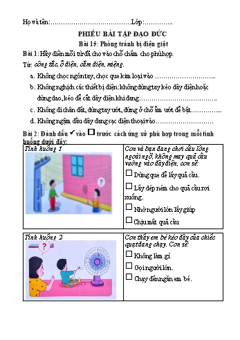 Phiếu bài tập môn Đạo đức Lớp 1 (Cánh diều) - Bài 15: Phòng tránh bị điện giật - Năm học 2023-2024 - Trường Tiểu học Đoàn Kết