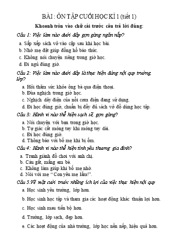 Phiếu bài tập môn Đạo đức Lớp 1 (Cánh diều) - Bài: Ôn tập cuối học kì 1 (Tiết 1) - Năm học 2023-2024 - Trường Tiểu học Đoàn Kết