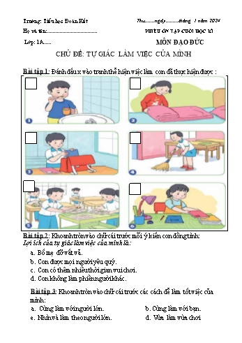 Phiếu bài tập môn Đạo đức Lớp 1 (Cánh diều) - Chủ đề: Tự giác làm việc của mình - Năm học 2023-2024 - Trường Tiểu học Đoàn Kết