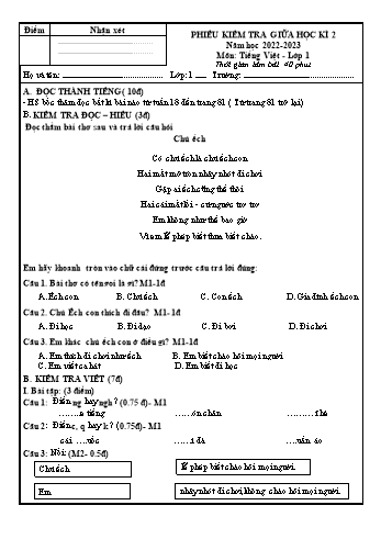 Phiếu kiểm tra giữa học kì 2 môn Tiếng Việt Lớp 1 - Năm học 2022-2023