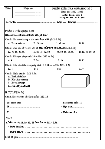 Phiếu kiểm tra giữa học kì 2 môn Toán Lớp 1 - Năm học 2022-2023