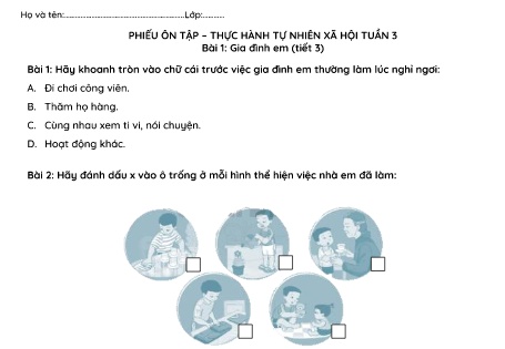 Phiếu ôn tập – thực hành Tự nhiên và Xã hội Lớp 1 (Cánh diều) - Tuần 3, Bài 1: Gia đình em (Tiết 3)