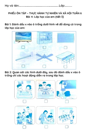 Phiếu ôn tập – thực hành Tự nhiên và Xã hội Lớp 1 (Cánh diều) - Tuần 6, Bài 4: Lớp học của em (Tiết 3)