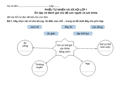 Phiếu ôn tập – thực hành Tự nhiên và Xã hội Lớp 1 (Cánh diều) - Tuần 32 Ôn tập và đánh giá chủ đề Con người và sức khỏe