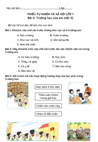 Phiếu ôn tập – thực hành Tự nhiên và Xã hội Lớp 1 (Cánh diều) - Tuần 8, Bài 5: Trường học của em (Tiết 3)